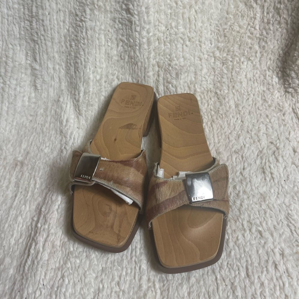 Fendi Vintage leather calf hair Beige& Brown Slide Sandals Silver Buckle SZ6.5